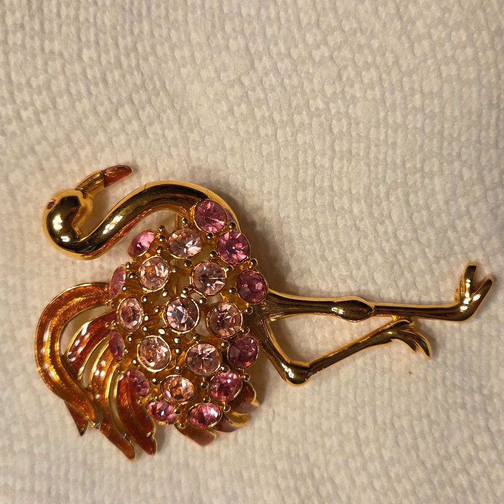 Trifari Elegant Gold Flamingo Brooch with Pink Accents